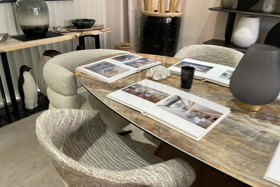 Coffee table with interior design books in a villa living room